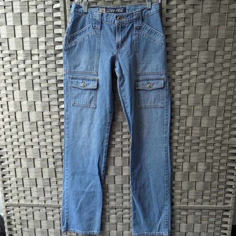Y2K Cruel Girl Cargo Jeans Blue Low Rise Straight Leg Utility Denim 28 in Waist